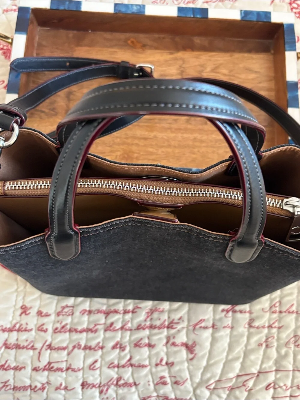 Authentic COACH Black Denim Willow Tote w Blk/Red Trimmed Leather